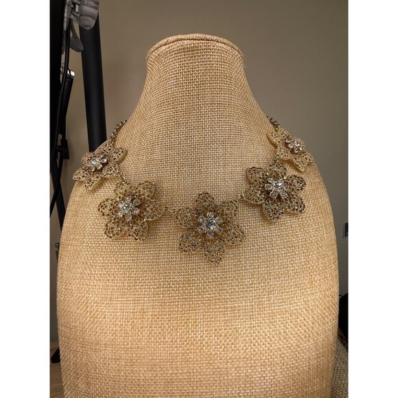 Ann Taylor Gold-Tone Floral Statement Necklace With Crystal Accents Adjustable C - Picture 3 of 11